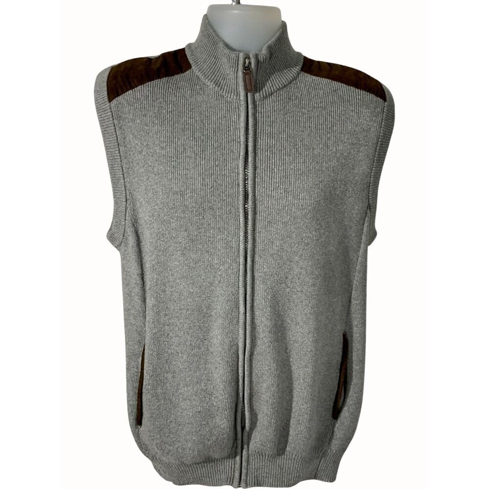 Ralph Lauren Chaps Mens Zip Gray Knit Sweater Vest Suede Shoulder Accents Large